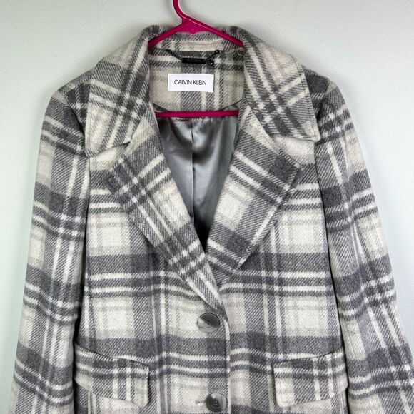 Calvin Klein Walker Plaid Wool Overcoat Single Breasted Pea Coat Gray Cream 10 - Picture 5 of 16